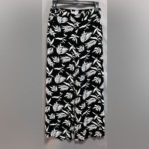 NEW LOFT Tropical Palm Floral Wide Leg Pull On Crop‎ Pants Black White Sz XXS